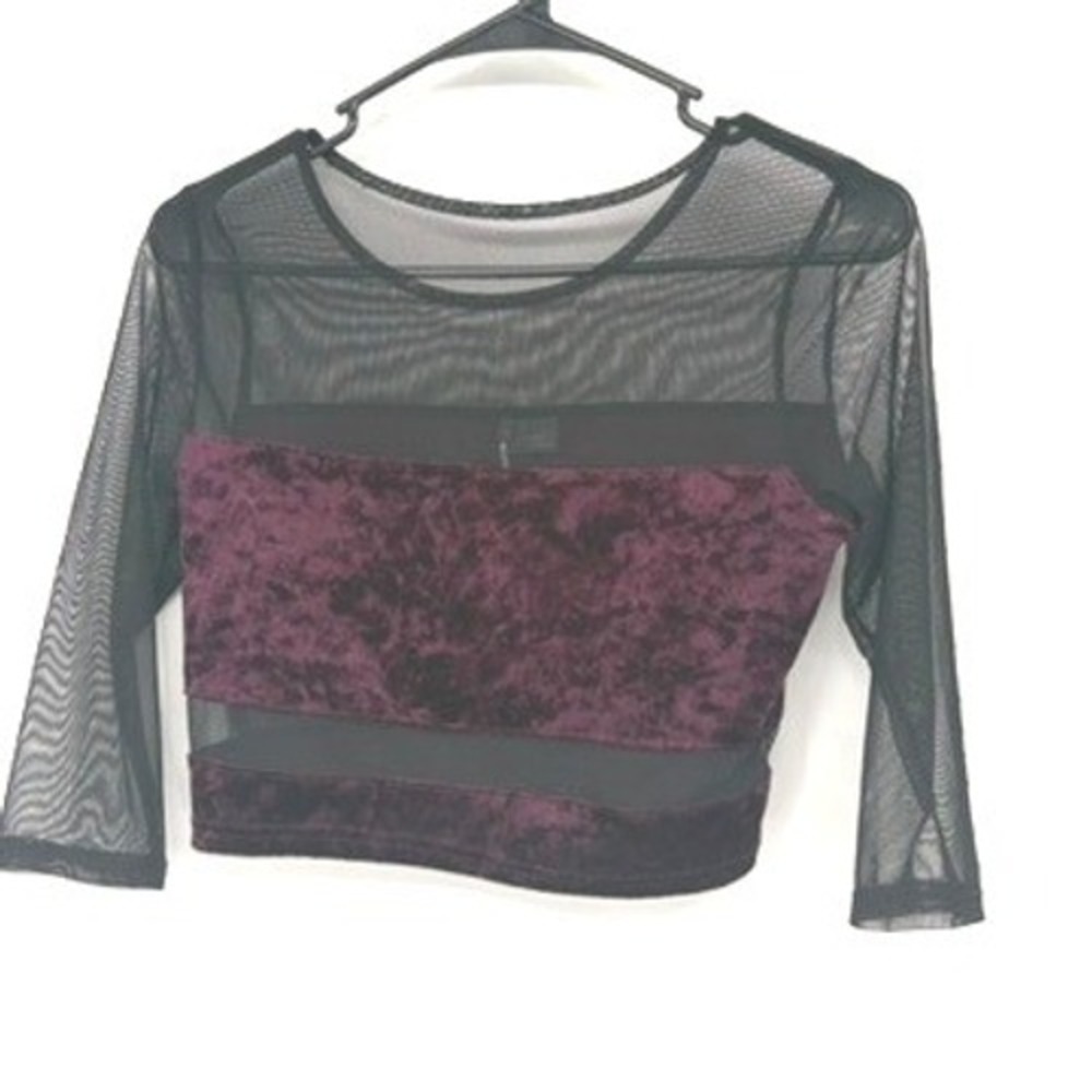 Sparkle & Fade Crop Top Women Medium Maroon Velvet Black Meshβ 3/4 Sleeve Goth